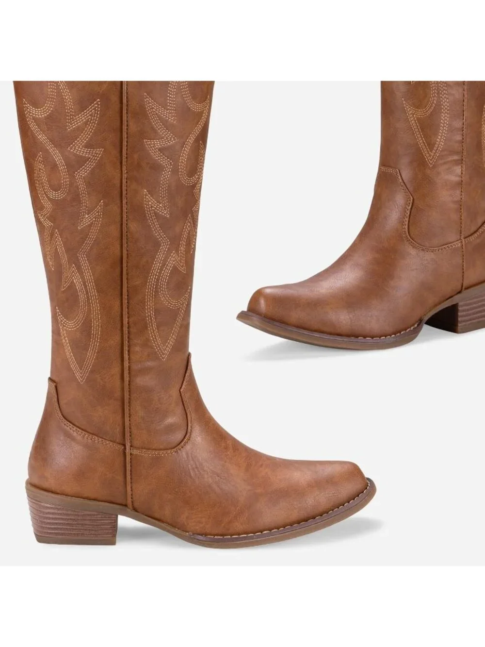 Women's Brown Knee High Western square Toe Side Zipper Low Heel Cowgirl Boot